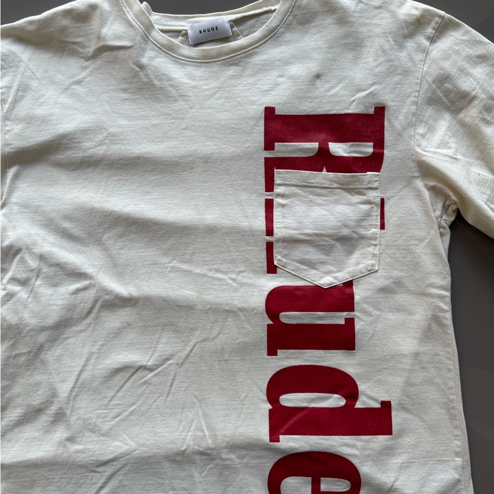 Rhude Cream Long Sleeve with Red Vertical Logo